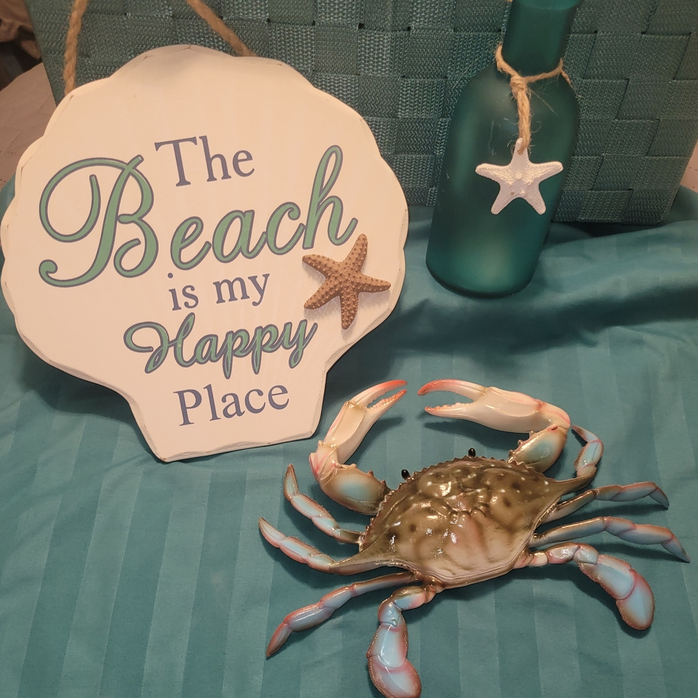 Decorative Beach Sign and Crab Figurine